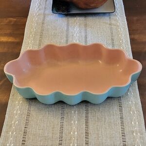 Vintage Catalina Pottery Scalloped Low Bowl Turquoise Pink 14"